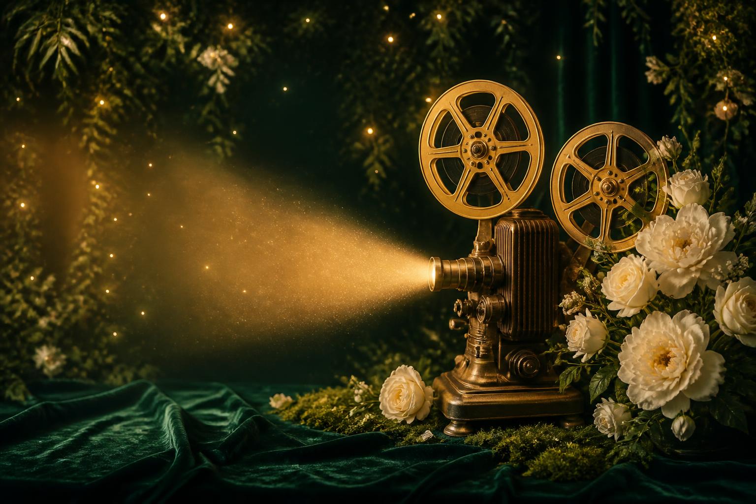 Alter Filmprojektor mit goldenem Lichtstrahl zwischen weißen Rosen