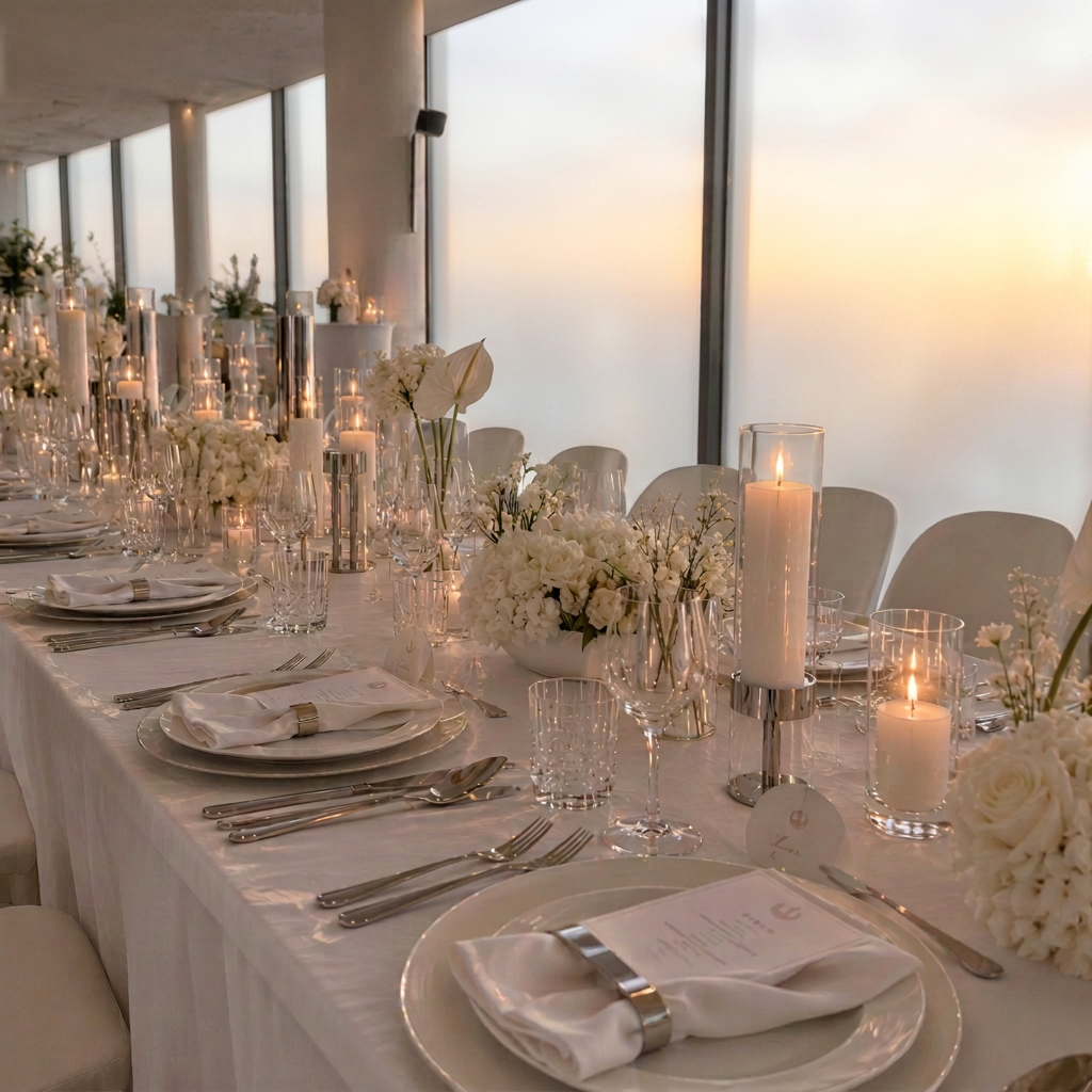 Einzelnes weißes Gedeck mit Kristallgläsern, weißen Rosen und Kerzenlicht vor Panoramafenstern mit Abendhimmel