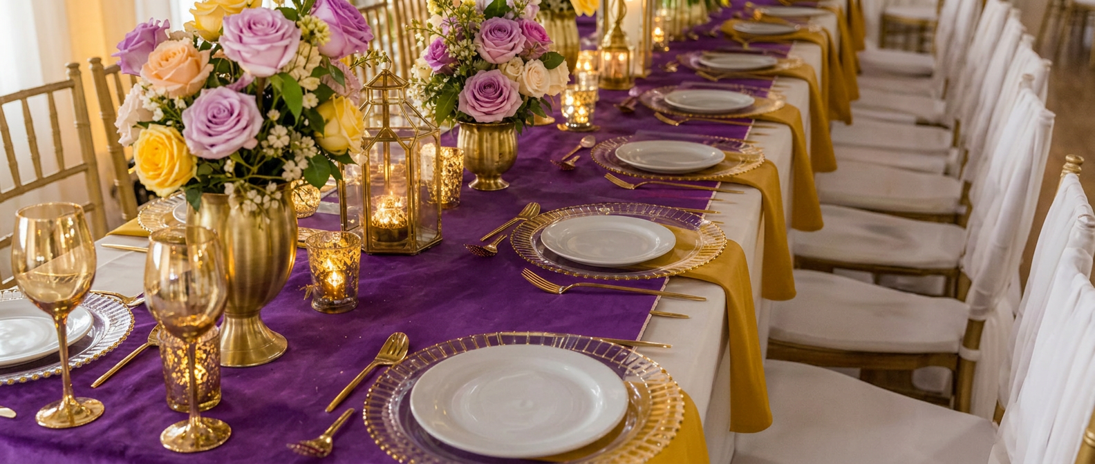 Langer Hochzeitstisch im Rapunzel-Stil: violett-goldener Tischläufer, goldene Laternen, gelbe Servietten und violett-gelbe Rosen in goldenen Vasen