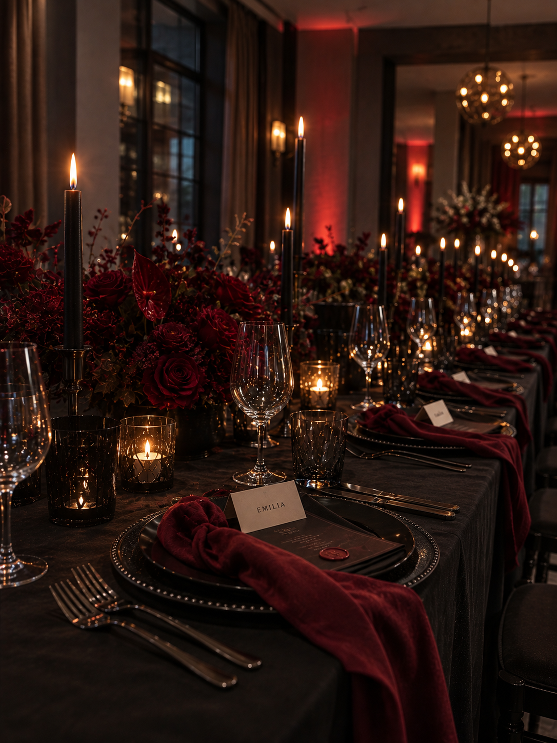 Elegante dunkle Tafel im Kerzenlicht: schwarze Teller, tiefrote Samtservietten, schwarze Kerzen, dunkelrote Rosen und Kristallgläser in einem gedimmten Saal