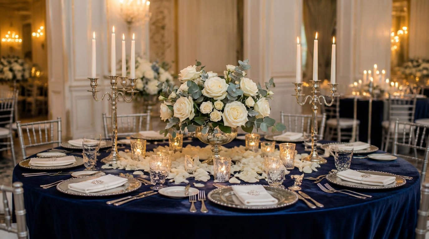 Runder Hochzeitstisch in Königsblau und Silber mit blauem Tischläufer, silbernen Kandelabern, Kristallgläsern und weißen Rosen in Kristallvasen im Ballsaal