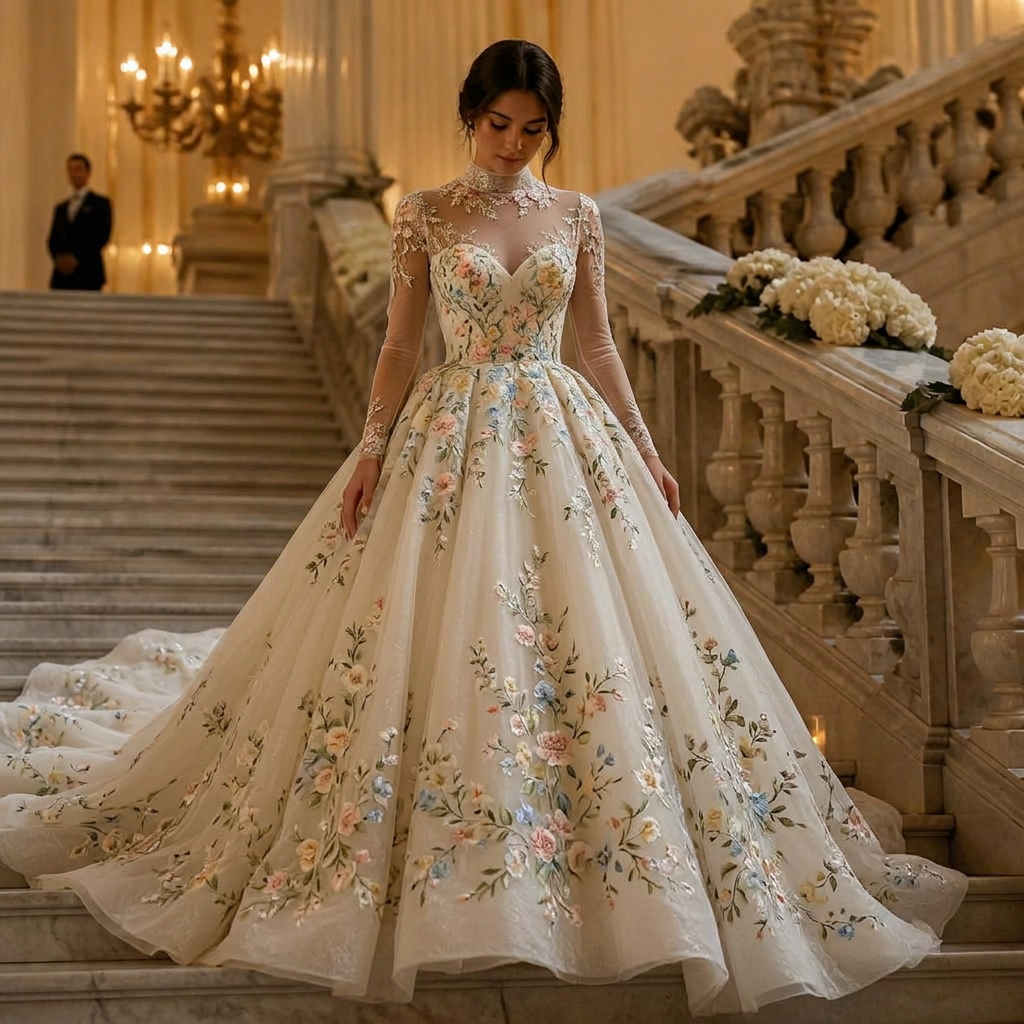 Braut in voluminösem elfenbeinfarbenem Brautkleid auf einer marmornen Palasttreppe mit weißer Blumengirlande, Cinderella-inspiriert