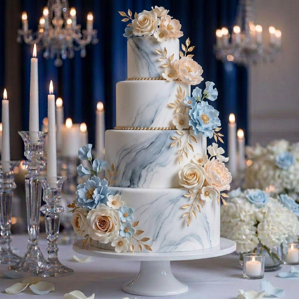 Schlichte zweistöckige Hochzeitstorte in Weiß mit dezentem Silberband und wenigen weißen Rosen am Fuß