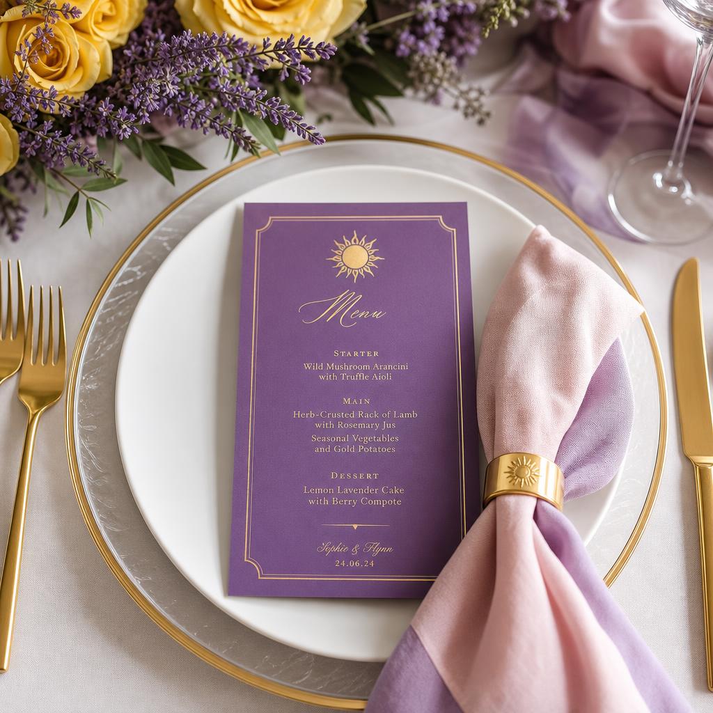 Elegantes Gedeck mit Glasunterteller, Goldrand und glatter violetter Menükarte mit feinem Goldrand, Sonnenmotiv und Gold-Kalligrafie, Rapunzel-inspiriert