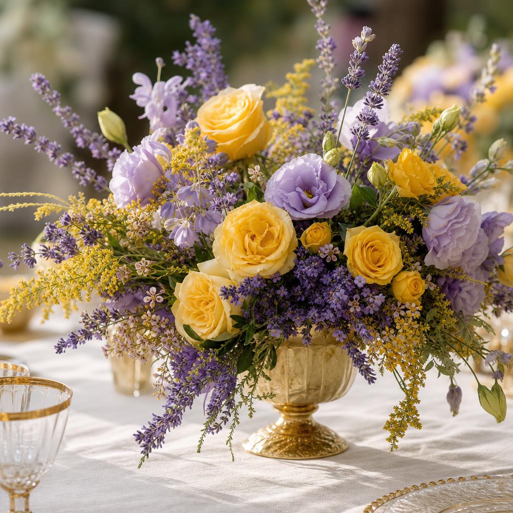 Romantisches Blumenarrangement in Rapunzel-Farben: gelbe Rosen, Lavendel und lila Lisianthus in einer goldenen Vase
