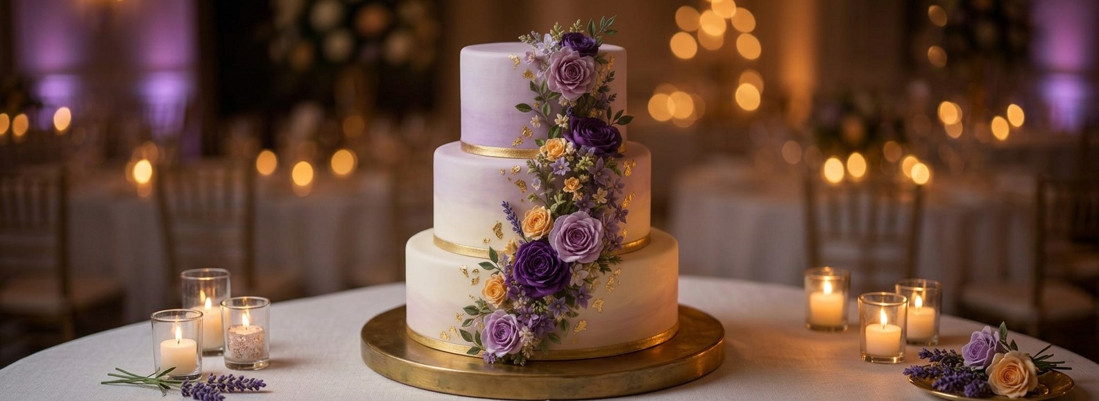 Mehrstöckige Hochzeitstorte im Rapunzel-Stil in Flieder und Gold mit lila und gelben Rosen und Laternendetail