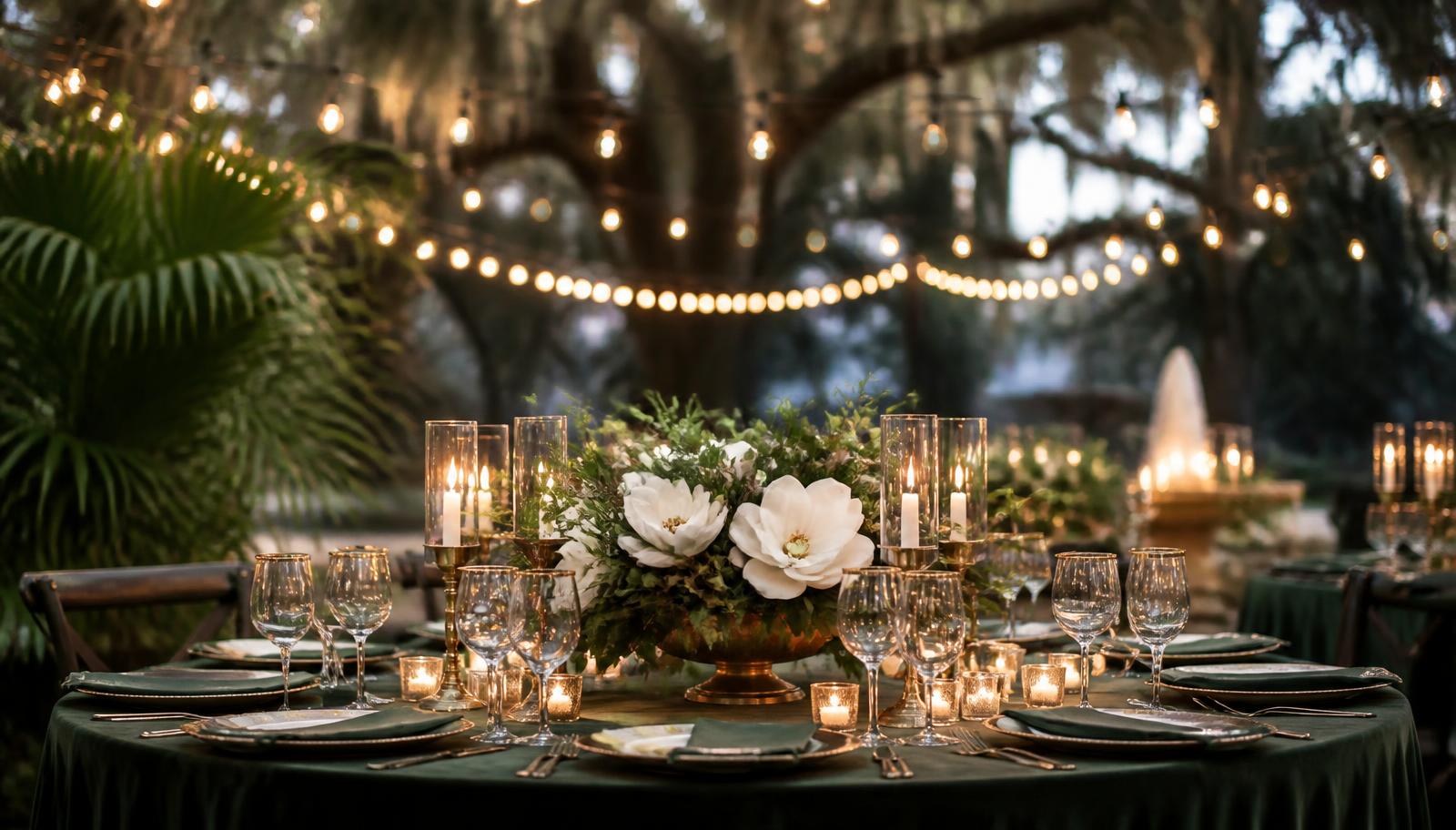 Runder Hochzeitstisch mit smaragdgrüner Samtdecke, Messinggeschirr, weißen Magnolien und Farn unter Lichterketten in einem Bayou-Garten
