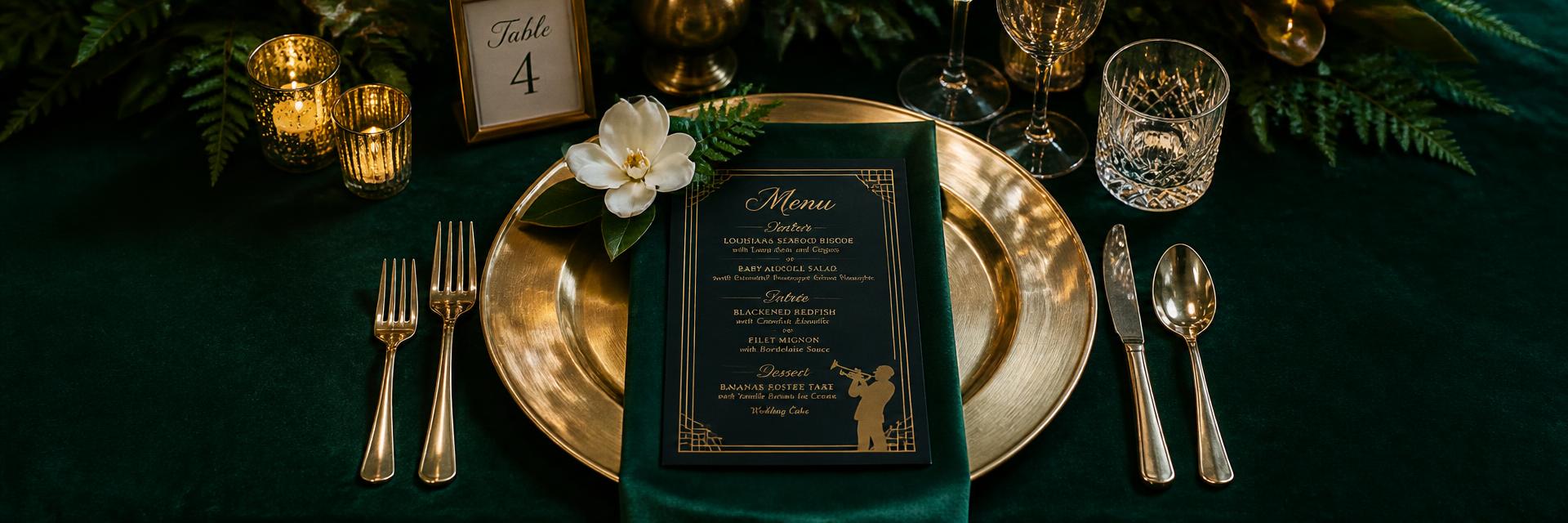 Gedeck mit Messingteller, dunkelgrüner Samtserviette, goldener Art-déco-Menükarte, Magnolie und Farn im Kerzenlicht