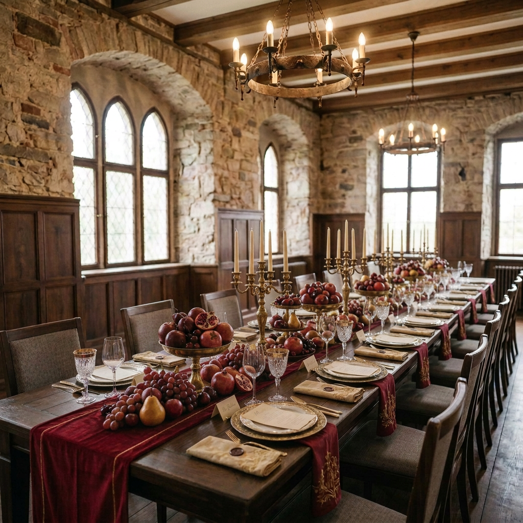 Lange Tafel im Steinsaal mit Servietten und Bändern in Bordeaux, Smaragd, Mitternachtsblau und Honiggelb an cremefarbenem Leinen