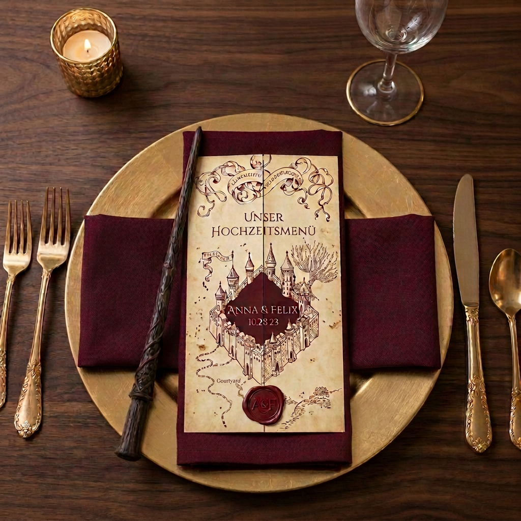 Gedeck mit goldenem Platzteller, weinroter Serviette und aufgeklappter Menükarte im Stil einer alten Pergament-Landkarte mit Zauberstab