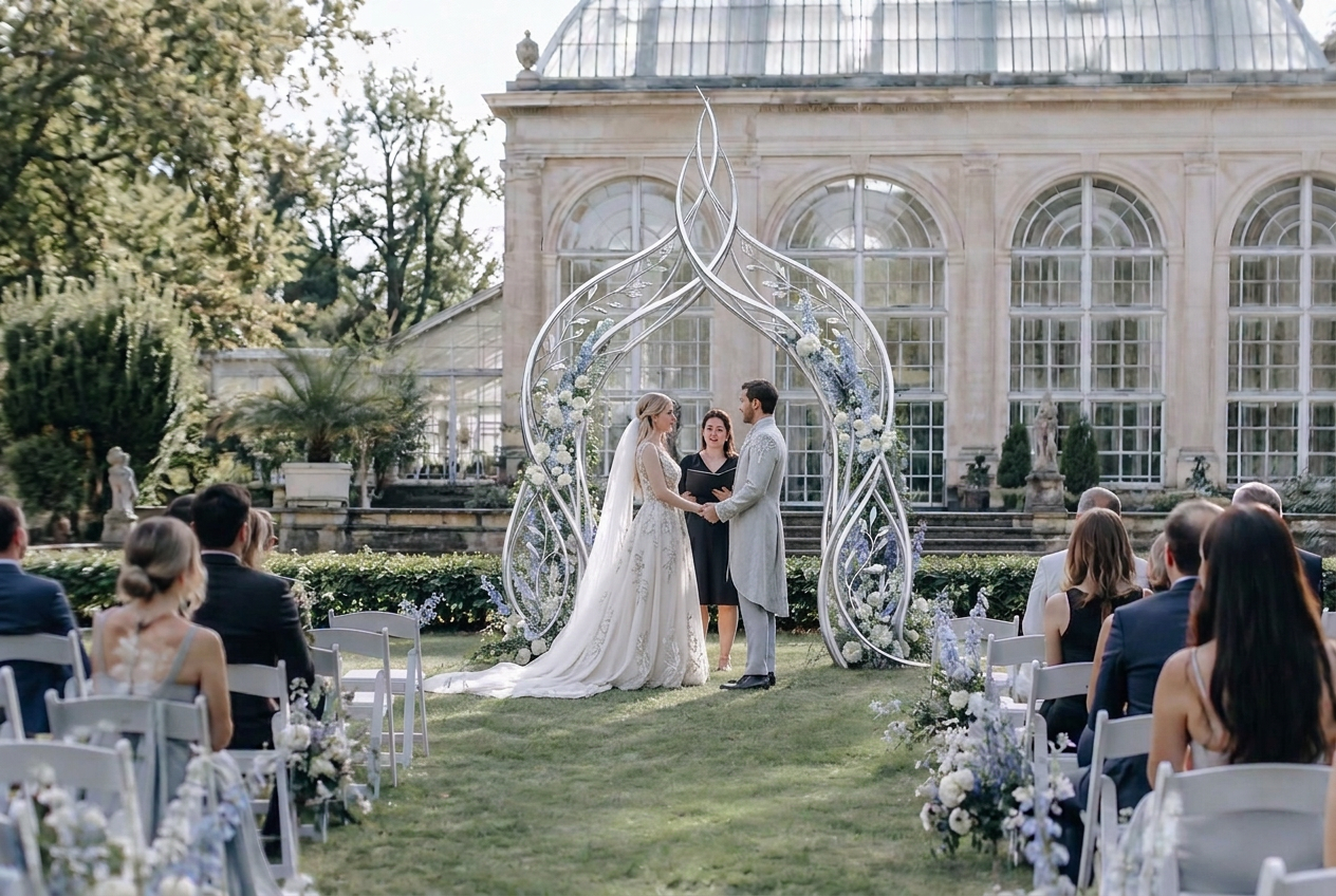 Freiluft-Trauung vor einer historischen Orangerie mit weißen Stühlen, einem Blumenbogen aus weißen Rosen und hellblauen Delphinien sowie echten Gästen