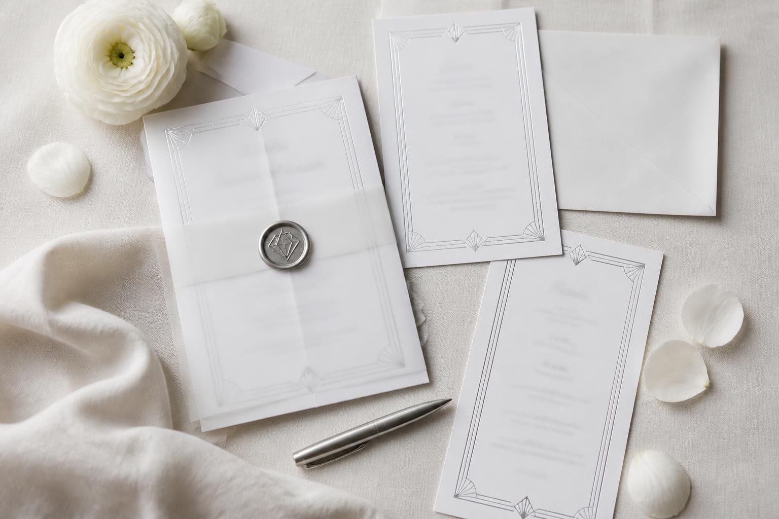 Papeterie in Weiß mit Silberfolien-Linien, Transparentpapier-Banderole und silbernem Wachssiegel