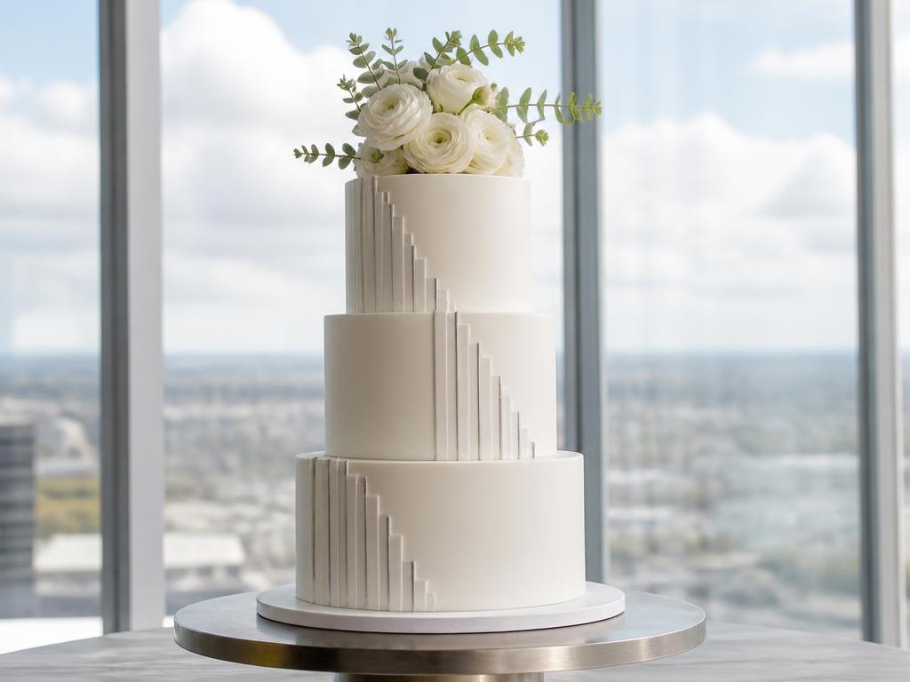 Dreistöckige weiße Hochzeitstorte mit Art-déco-Stufen und weißen Ranunkeln vor Panoramafenstern