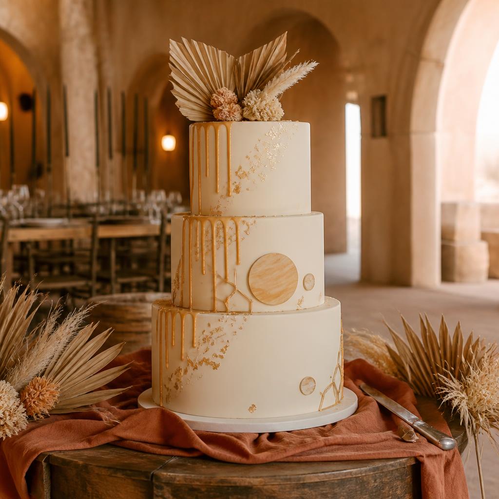 Dreistöckige Hochzeitstorte in Elfenbein mit Karamell-Drip, Goldblatt und dezenten Wüstenplanet-Motiven auf rustikalem Holztisch